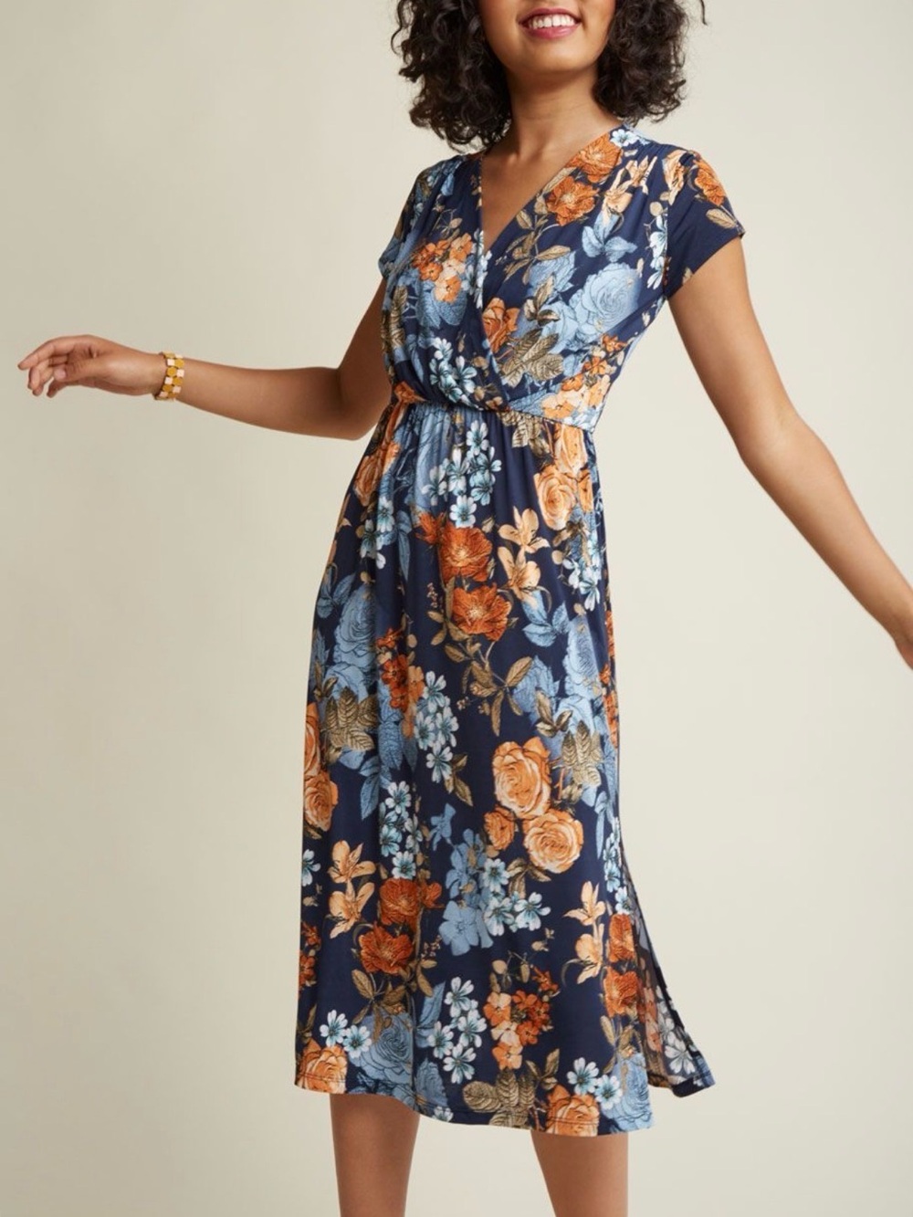 Gilli Navy Floral Wrap Midi Dress with Orange and Light Blue Blooms